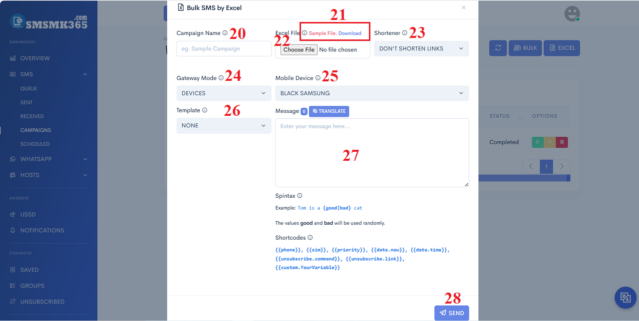 Create a sms marketin campaign with data from excel file
