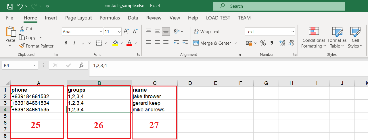 Sample Excel file used to organize customer data
