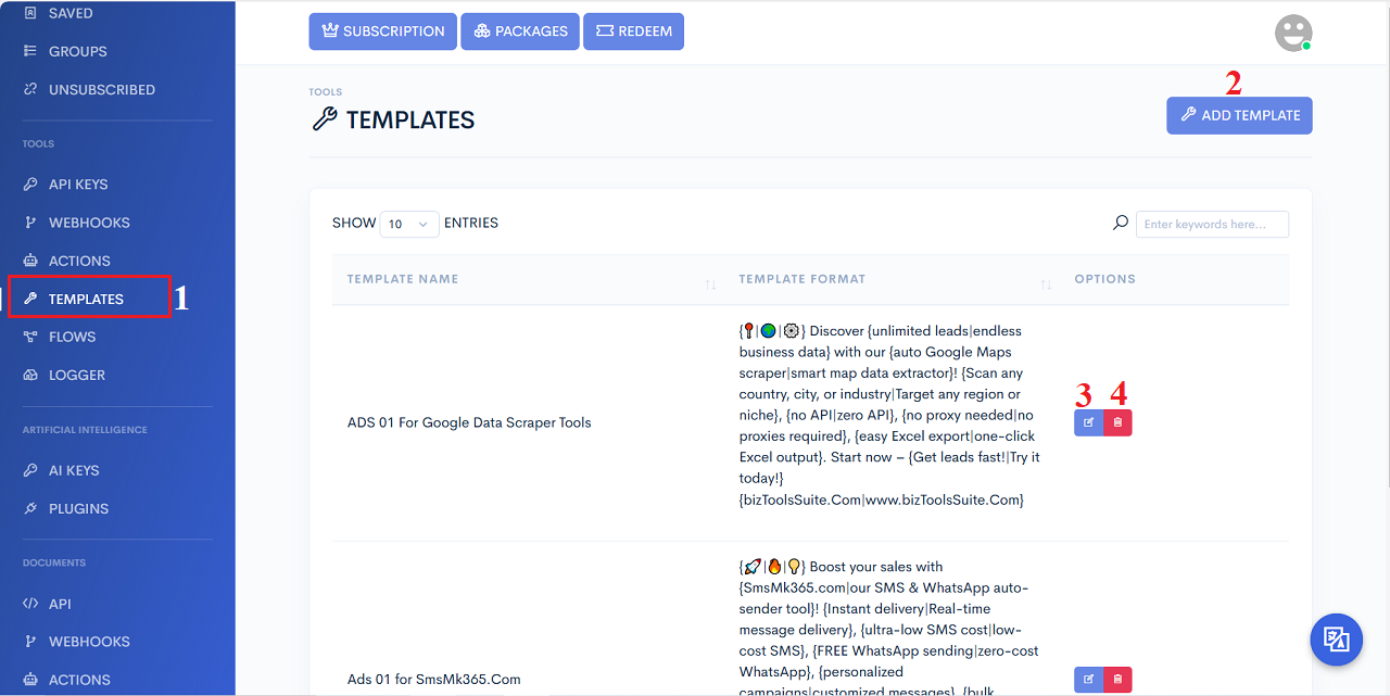 List of content templates