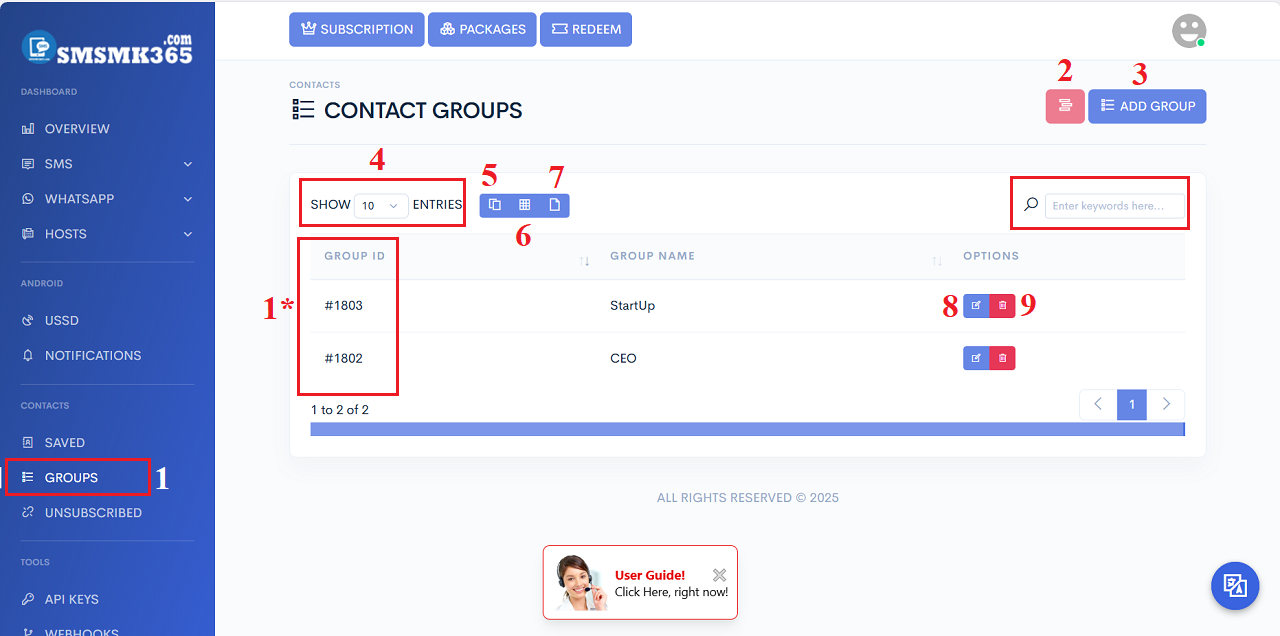 List of customer groups