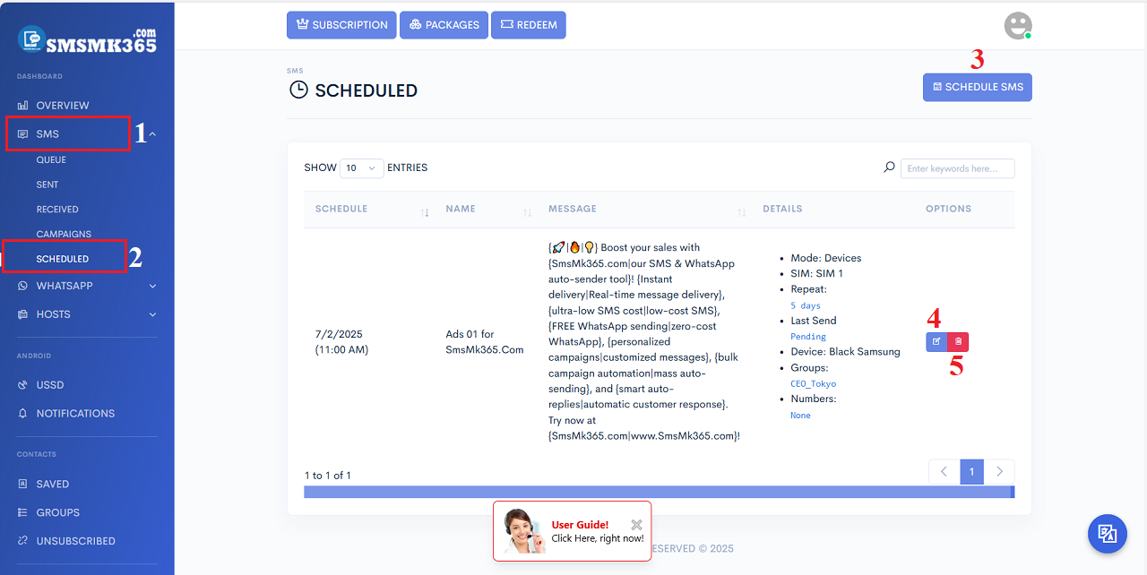 list of scheduled SMS marketing campaigns