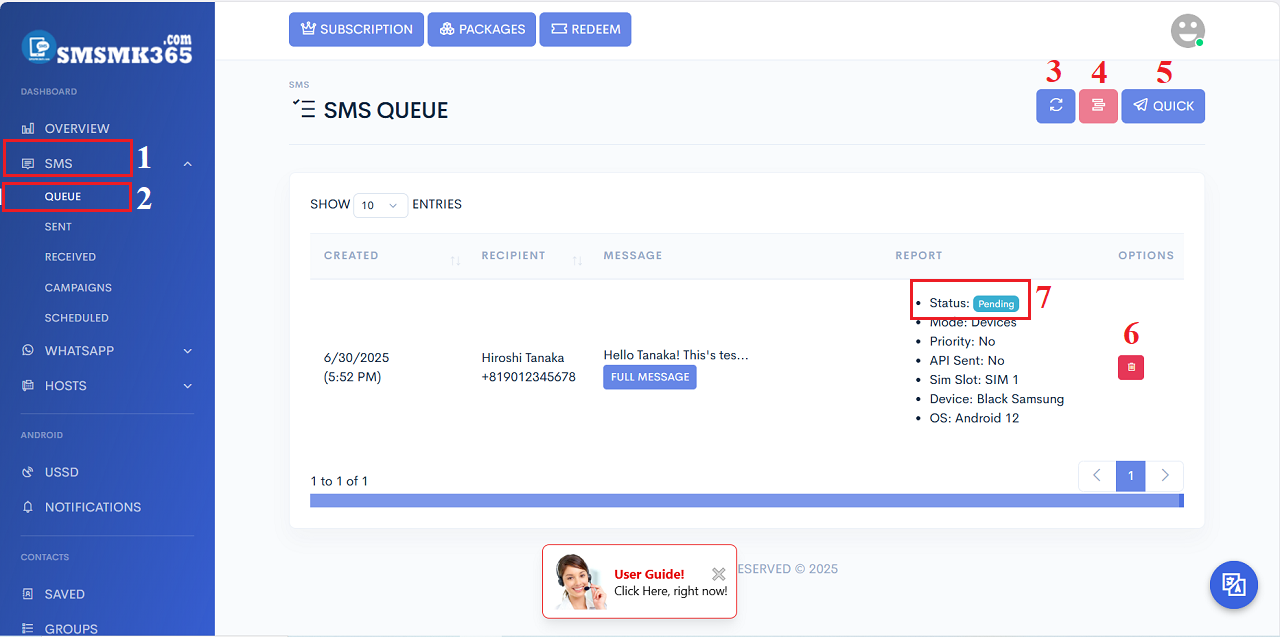 List of Sms Messages in queue