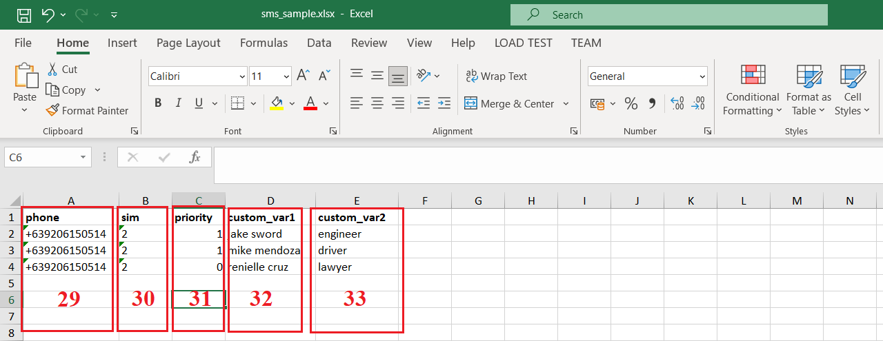 Excel template file used to organize customer data