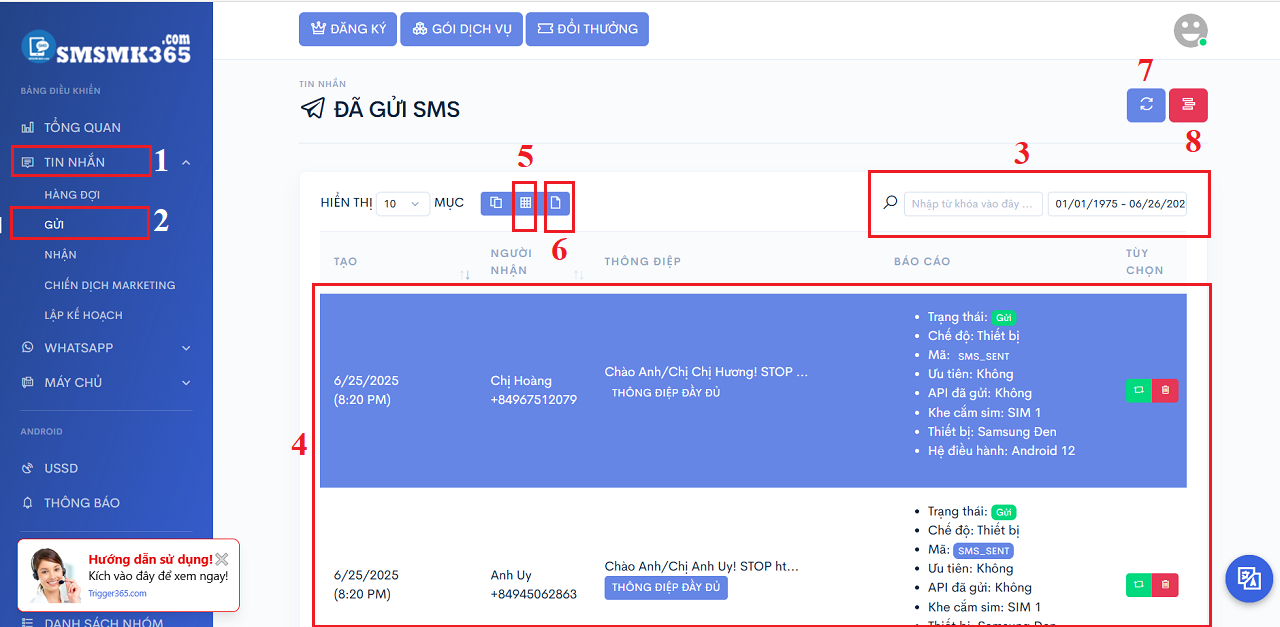 Thống kê, báo cáo kết quả thực hiện chiến dịch sms marketing ở giao diện chính của phần mềm