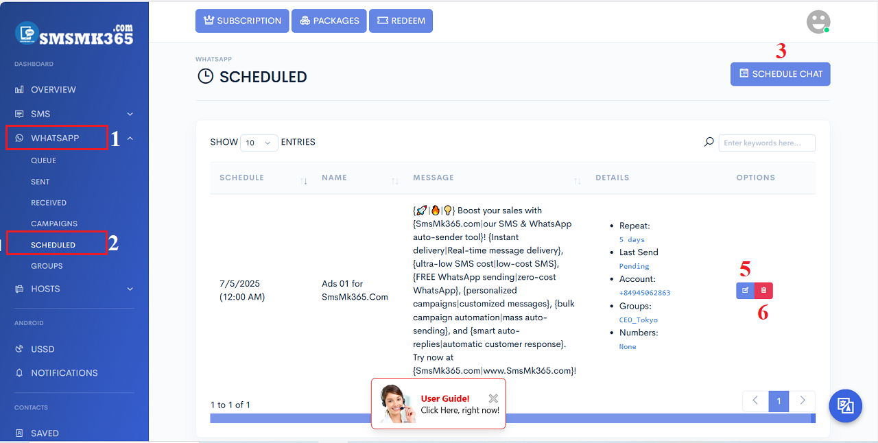List of scheduled WhatsApp Marketing Campaigns