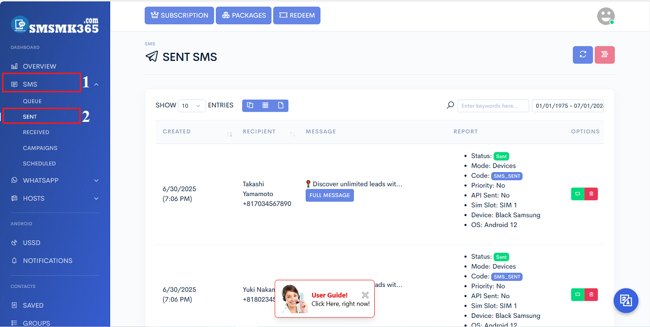 List of sent sms messages