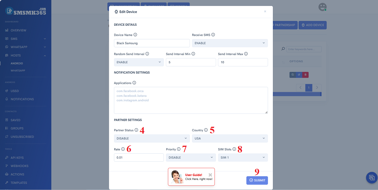 Set up phone rental rates to send bulk SMS